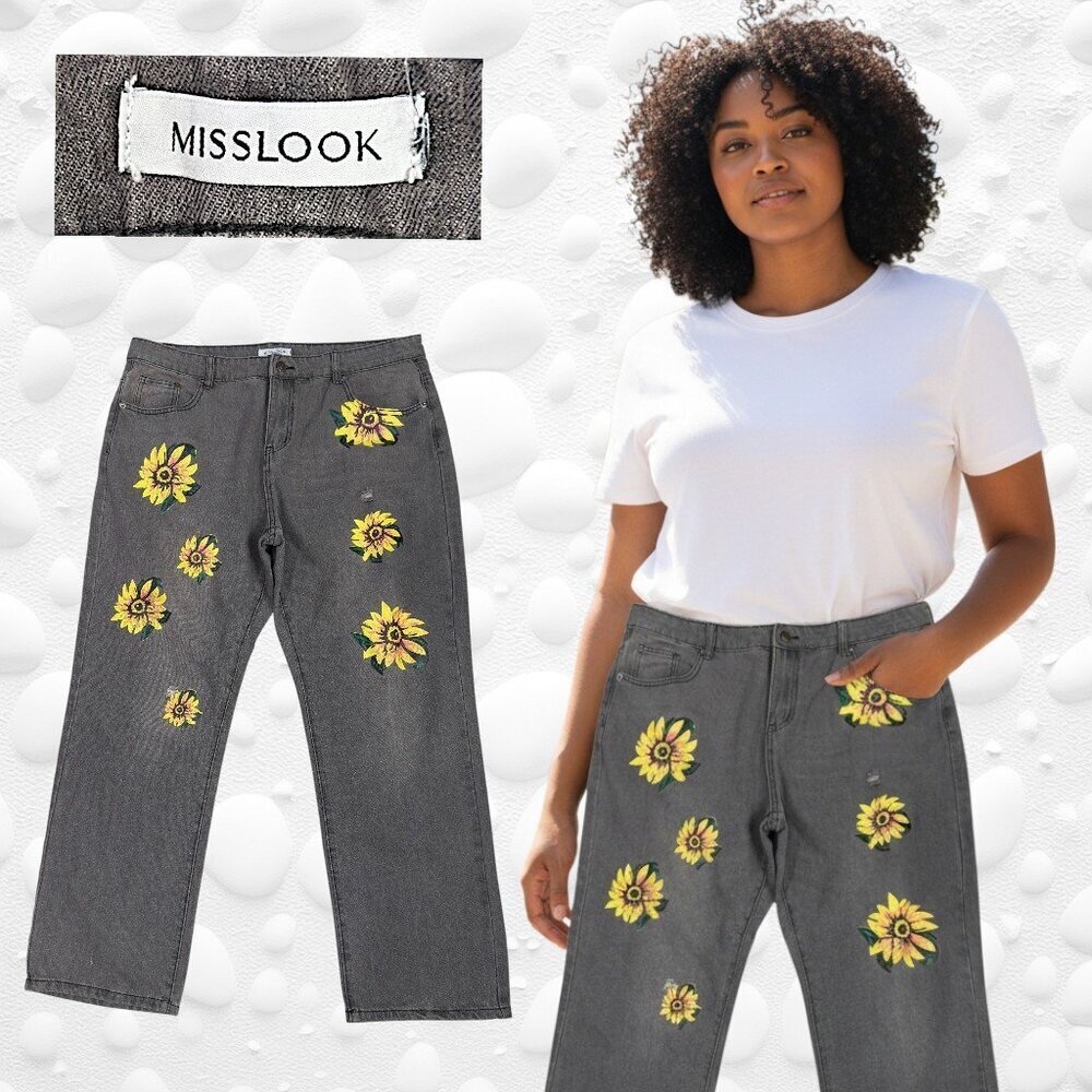 MISS LOOK Grey Sunflower Jeans – Size (Approx. XL)